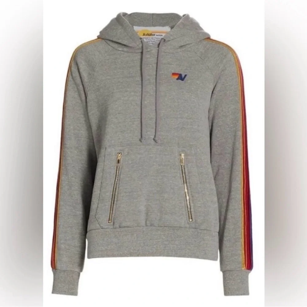 Aviator Nation XS Gray Pullover Hoodie Velvet Stripes - Picture 1 of 8